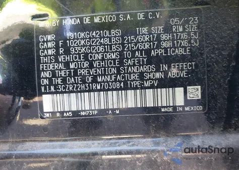 2024 Honda Hr-V Awd Lx from USA, damaged, VIN 3CZRZ2H31RM703084